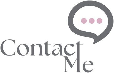 Contact Me: Pink, grey and white conversation icon with "Contact Me" text and white dot graphic