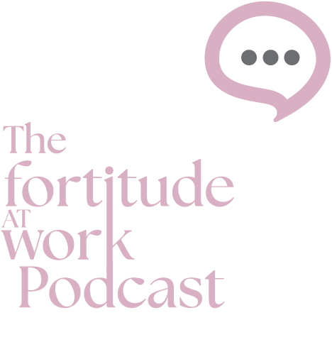 Listening: Pink, grey and white conversation icon with "The Fortitude At Work" text and white dot graphic