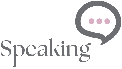 Speaking: Pink, grey and white conversation icon with "Speaking" text and white dot graphic